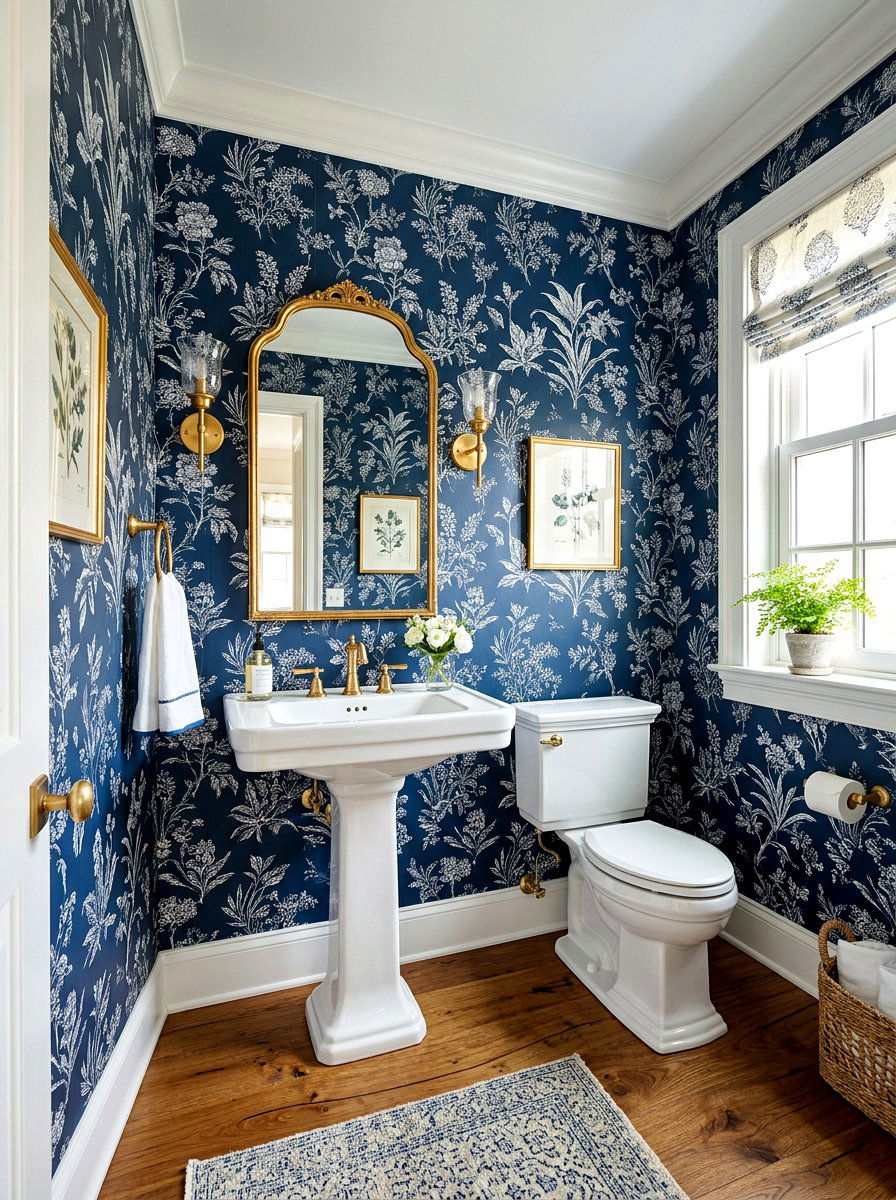 Navy blue floral wallpaper - 30 floral wallpaper powder room ideas