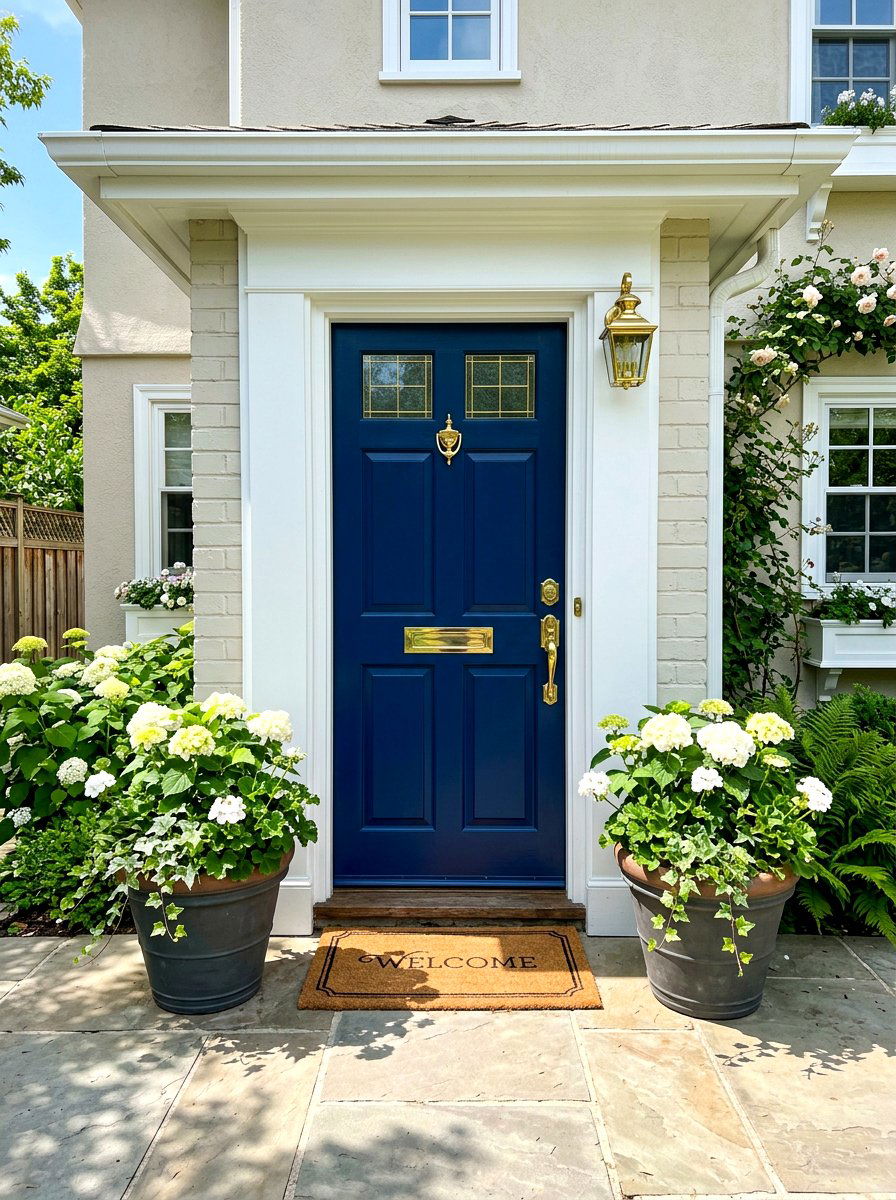 Navy blue front door paint - 30 Nancy Meyers front porch ideas