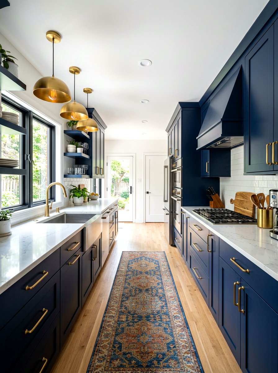 Navy blue galley kitchen with brass hardware - 30 navy and brass kitchen ideas