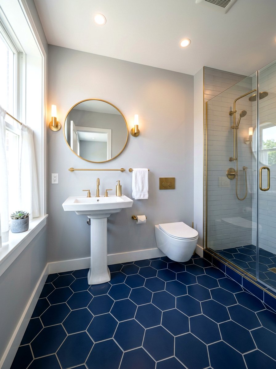 Navy blue hexagon floor tile - 30 removable tile bathroom ideas