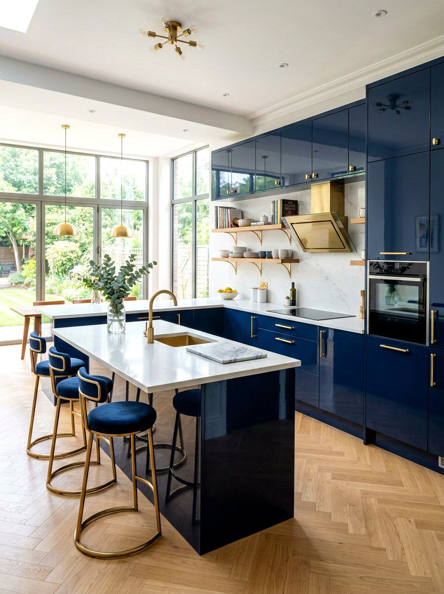 Navy blue high gloss kitchen with brass - 30 navy and brass kitchen ideas