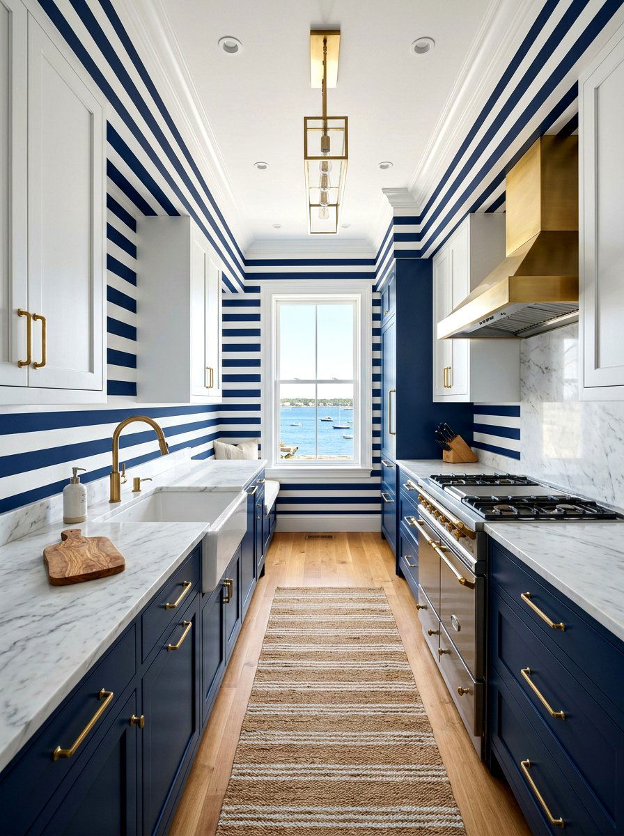 Navy blue horizontal striped kitchen - 30 striped kitchen wallpaper ideas