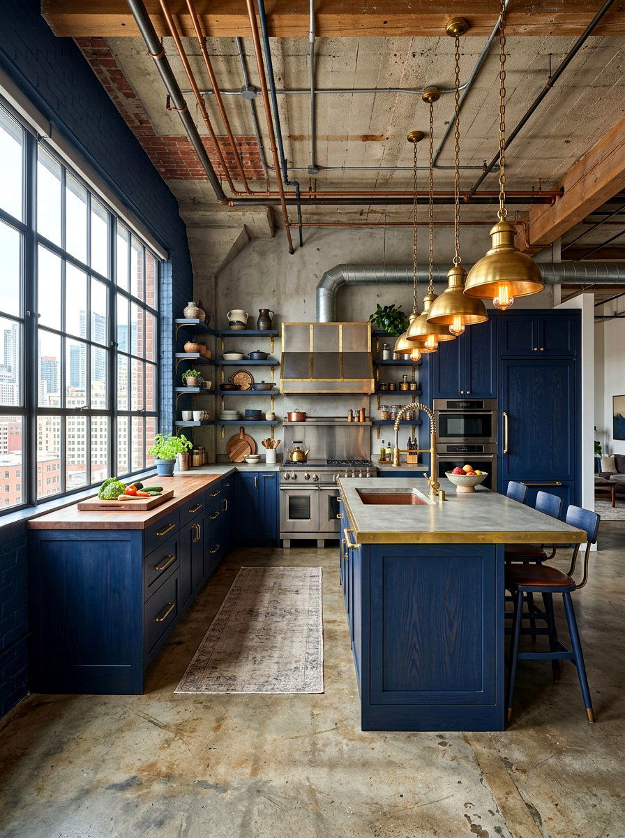 Navy blue industrial kitchen with brass - 30 navy and brass kitchen ideas