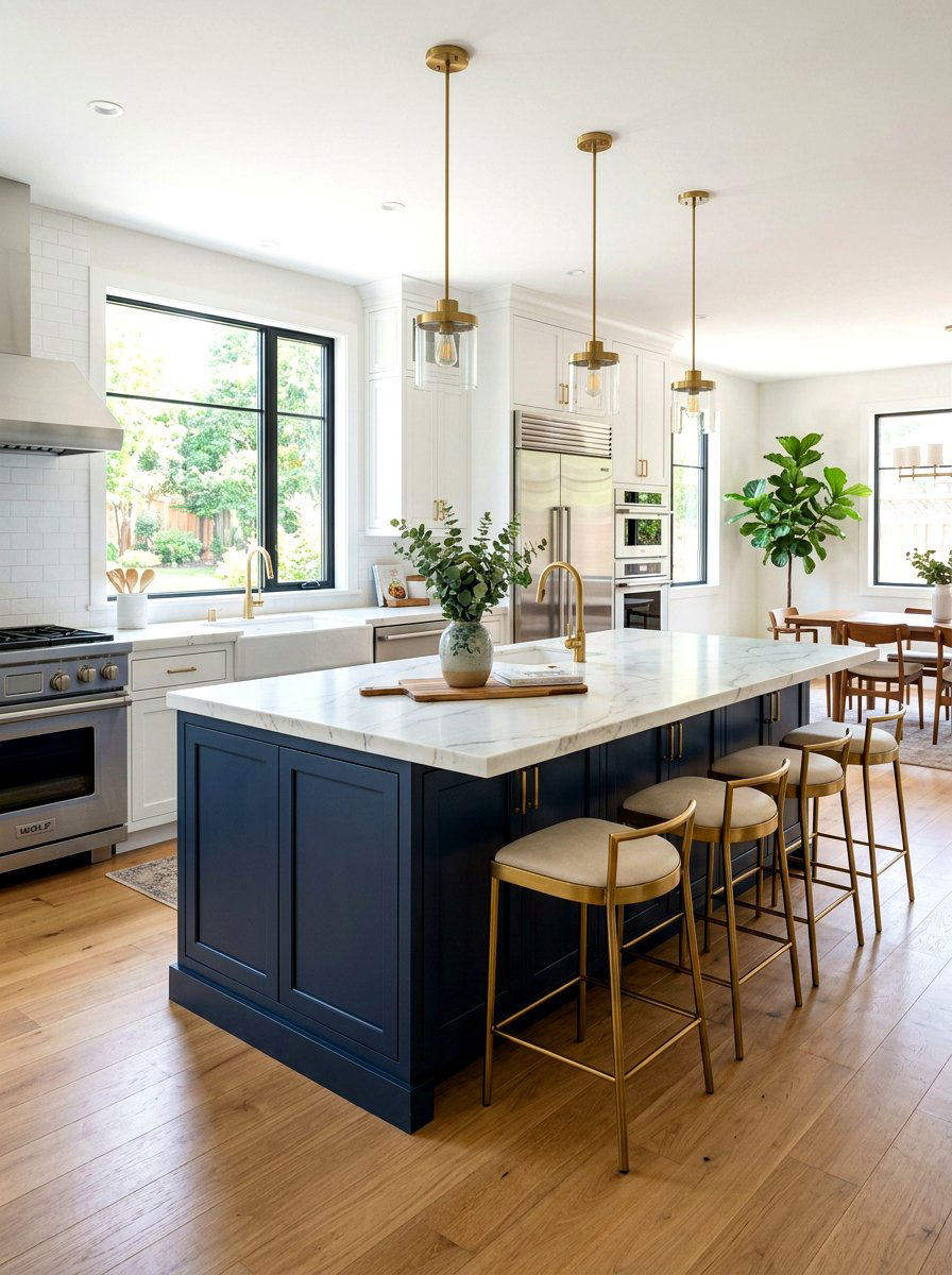 Navy blue island with brass stools - 30 navy and brass kitchen ideas