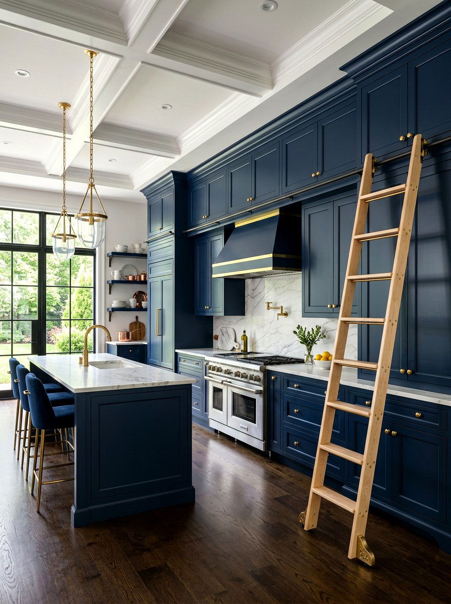Navy blue kitchen ladder - 30 library ladder kitchen ideas