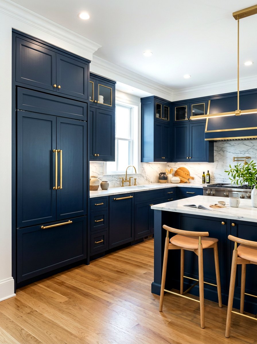 Navy blue kitchen with brass appliance pulls - 30 navy and brass kitchen ideas