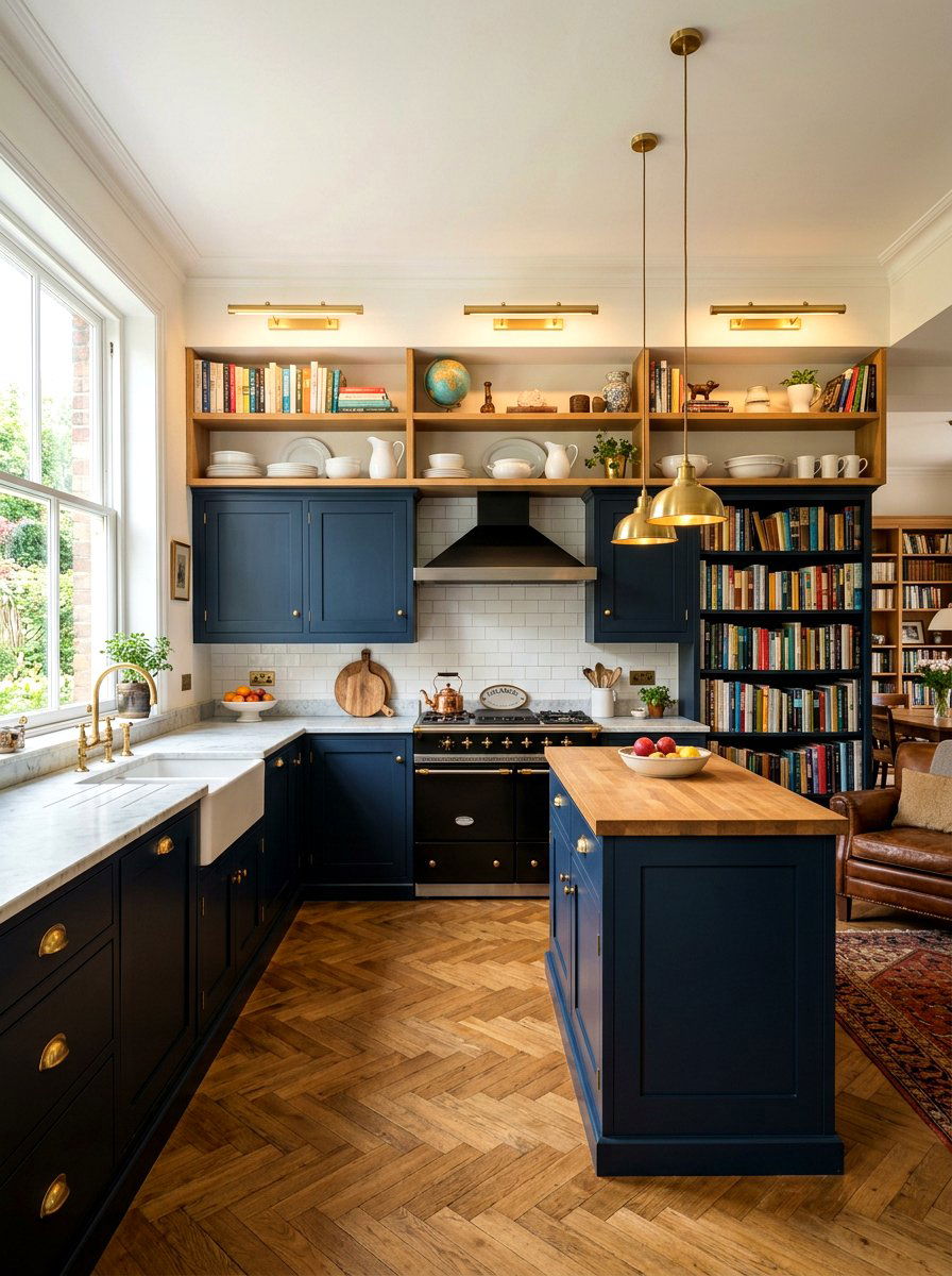 Navy blue kitchen with brass picture lights - 30 navy and brass kitchen ideas