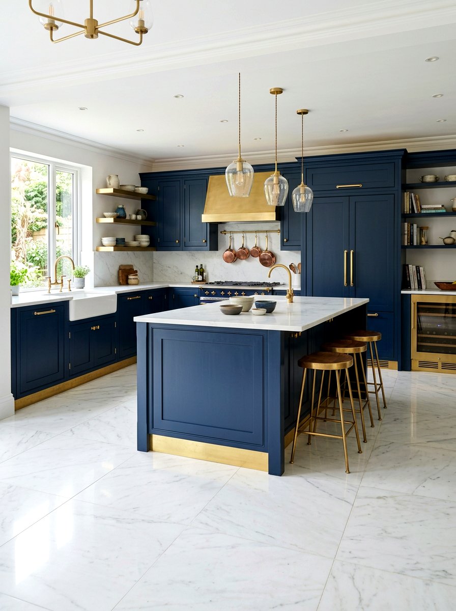 Navy blue kitchen with brass toe kick - 30 navy and brass kitchen ideas