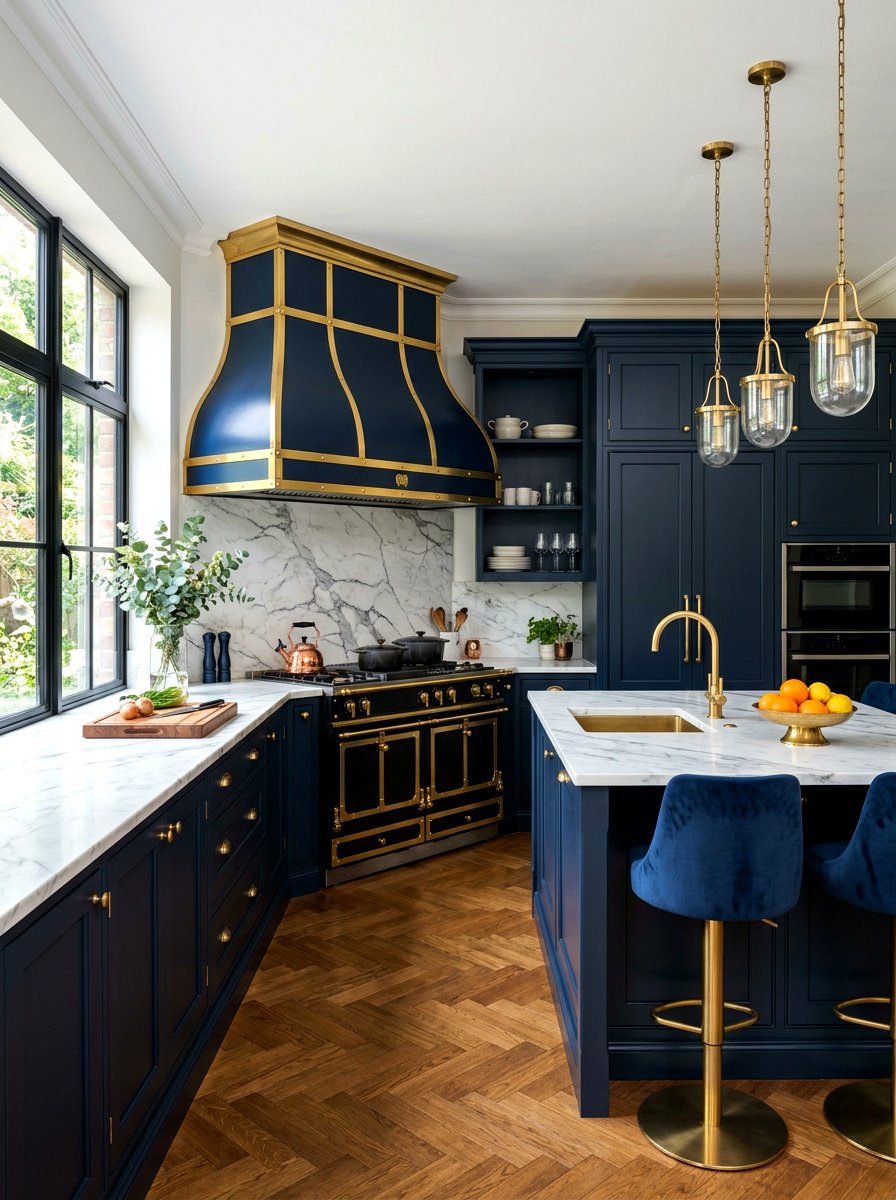 Navy blue kitchen with brass vent hood - 30 navy and brass kitchen ideas