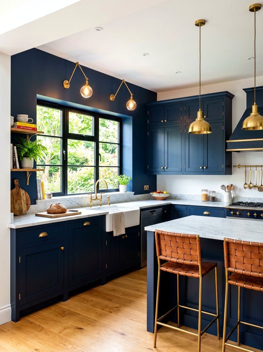 Navy blue kitchen with brass wall sconces - 30 navy and brass kitchen ideas