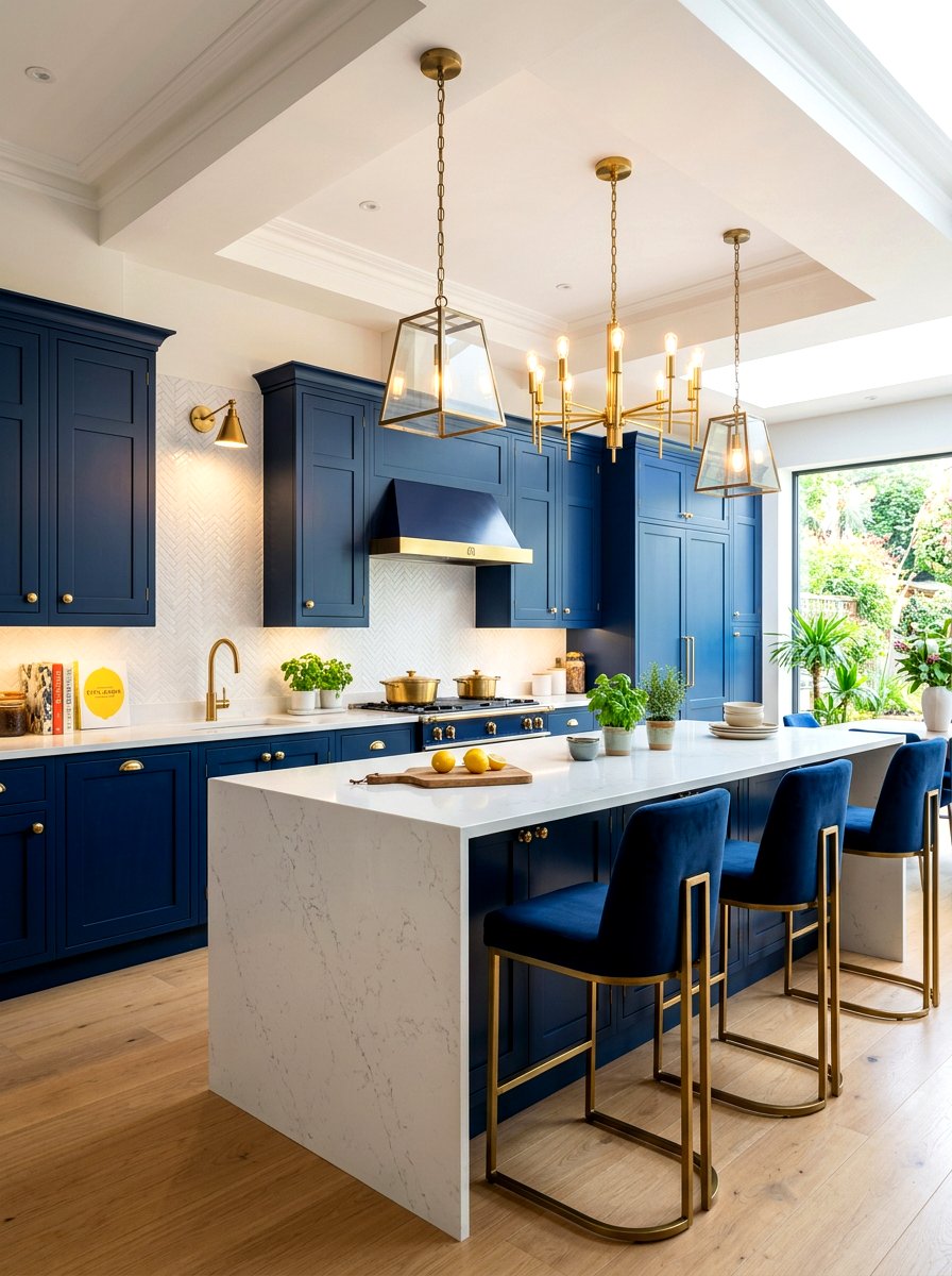 Navy blue kitchen with gold and brass light fixtures - 30 navy and brass kitchen ideas