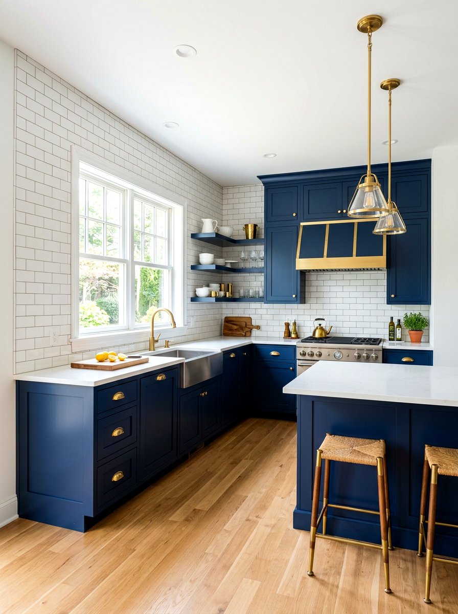 Navy blue kitchen with white subway tile and brass - 30 navy and brass kitchen ideas