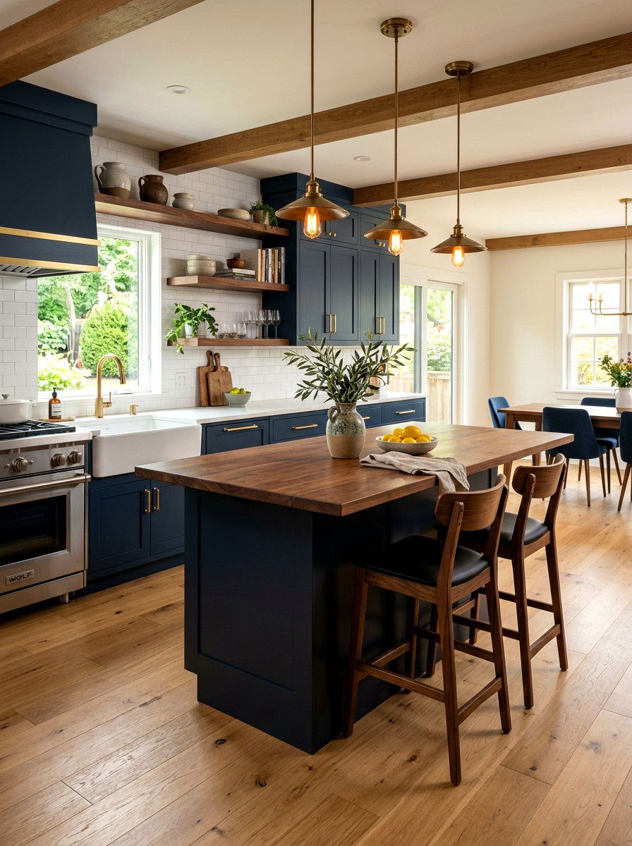 Navy blue kitchen with wood accents and brass - 30 navy and brass kitchen ideas
