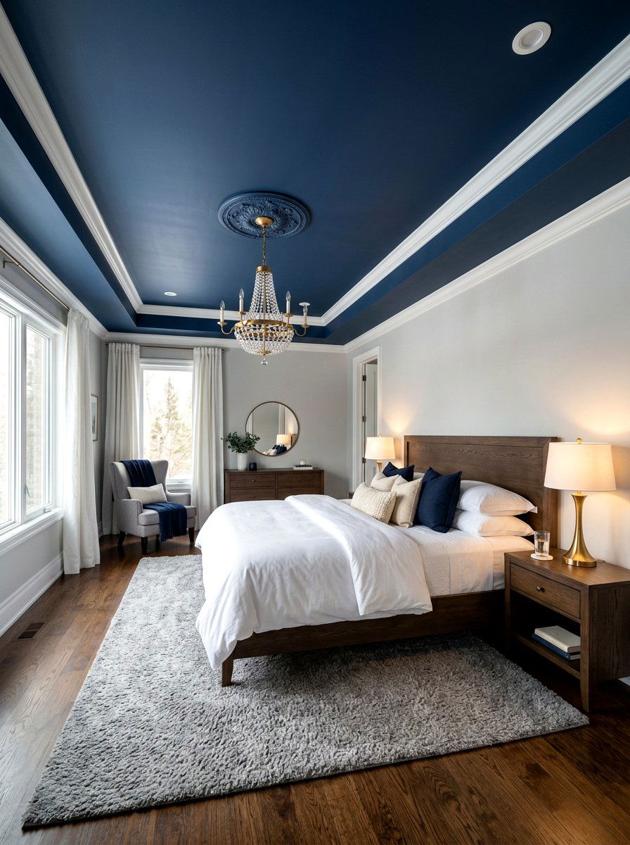Navy blue master bedroom ceiling - 30 moody ceiling paint ideas