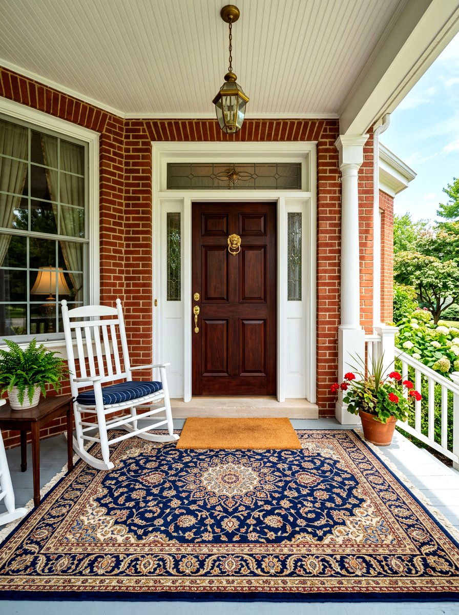 Navy blue medallion rug - 30 porch doormat layering ideas