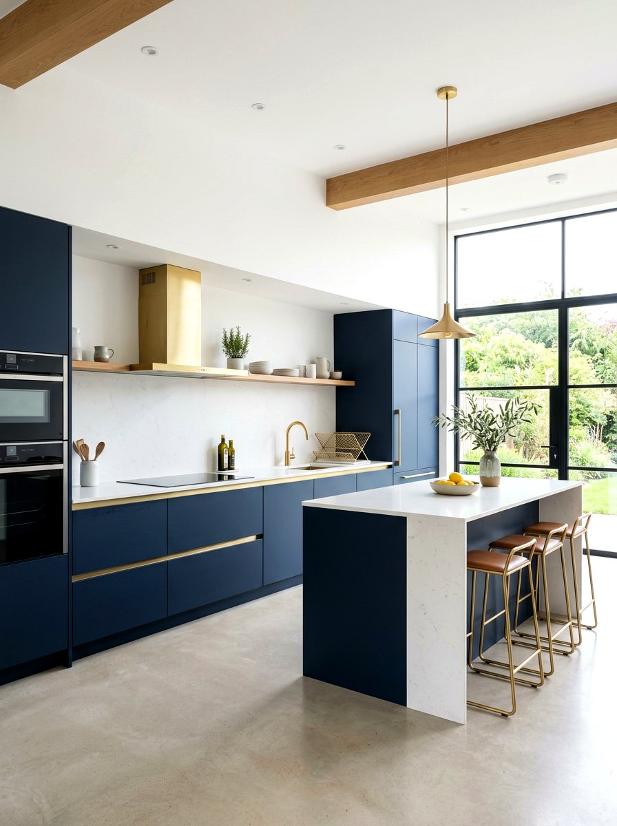 Navy blue minimalist kitchen with brass - 30 navy and brass kitchen ideas