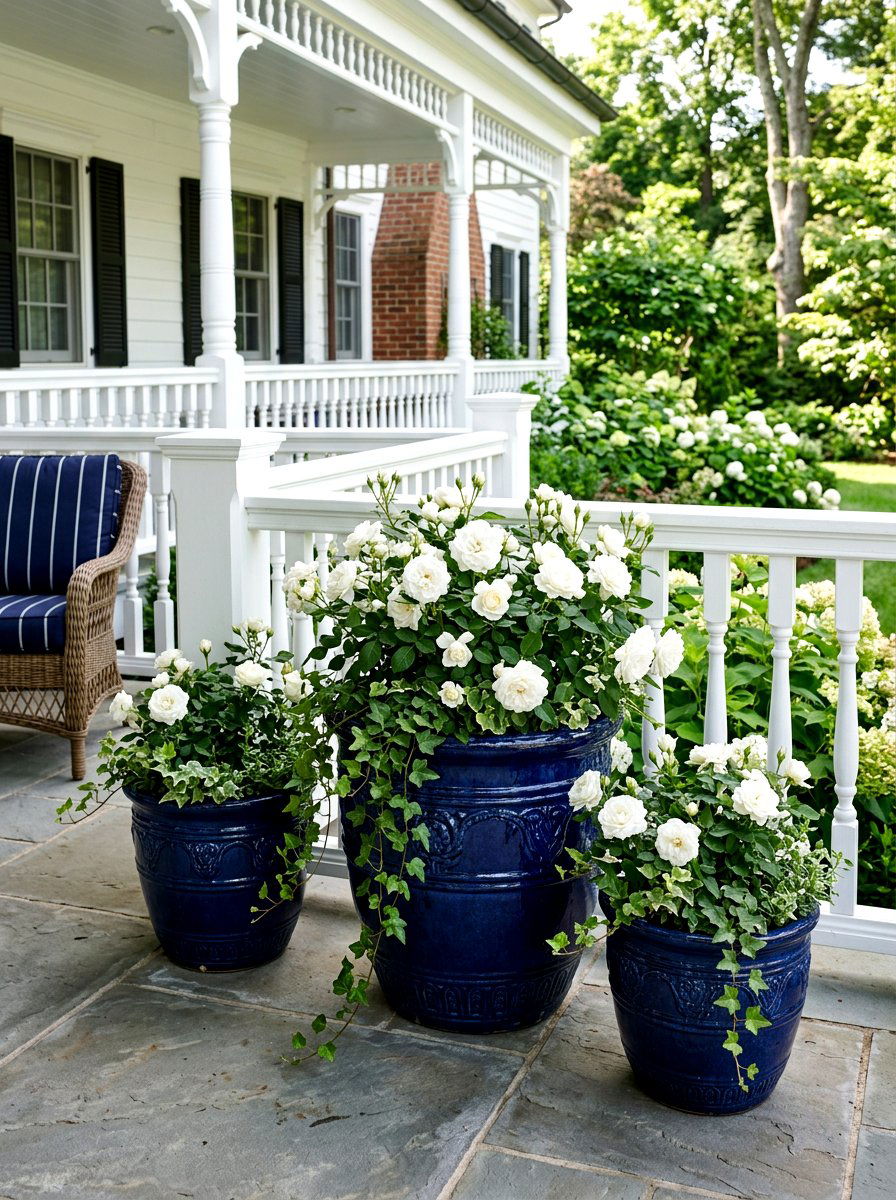 Navy blue outdoor ceramic pots - 30 front porch planter ideas