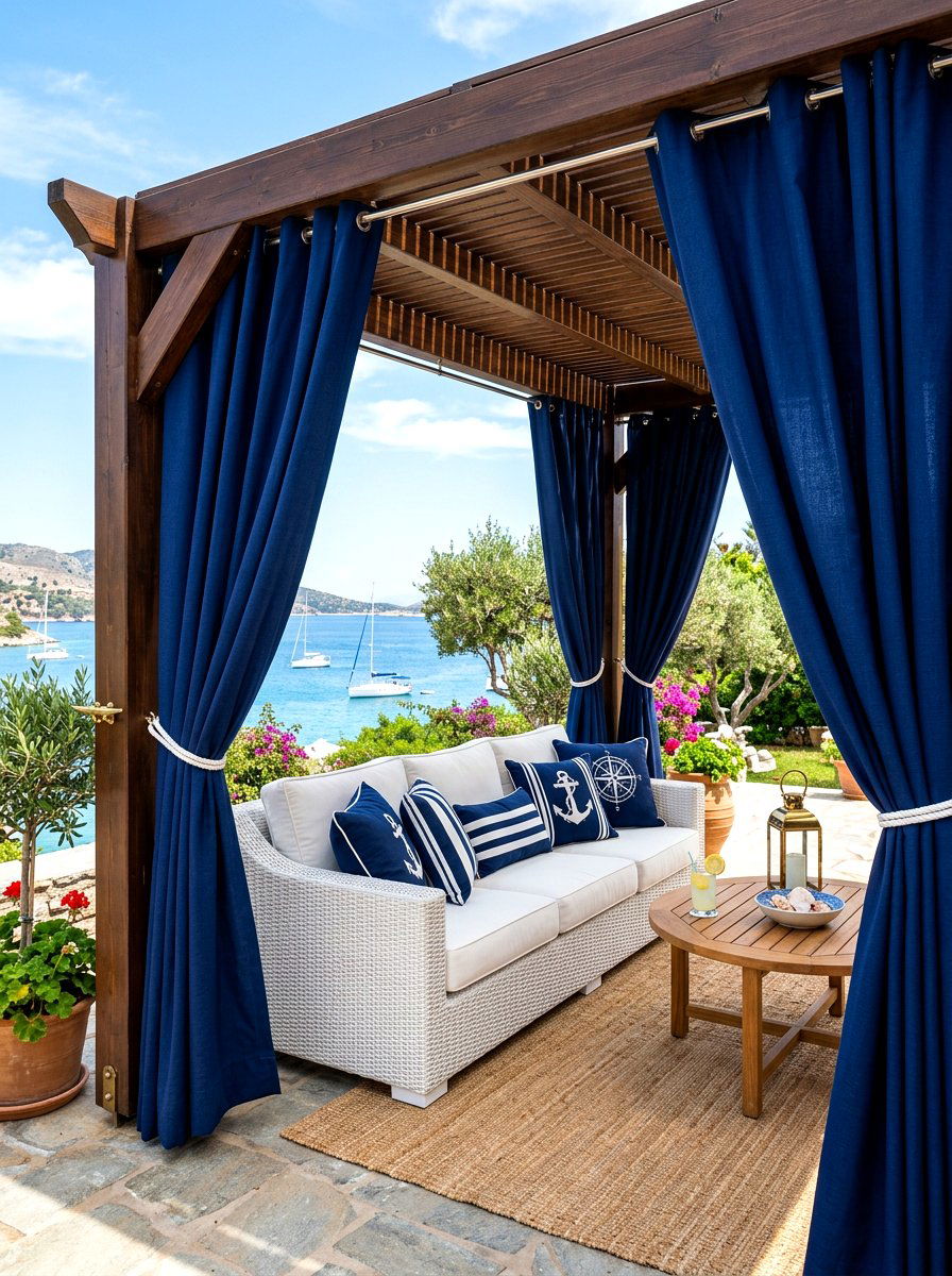 Navy blue outdoor curtains - 30 pergola curtain ideas