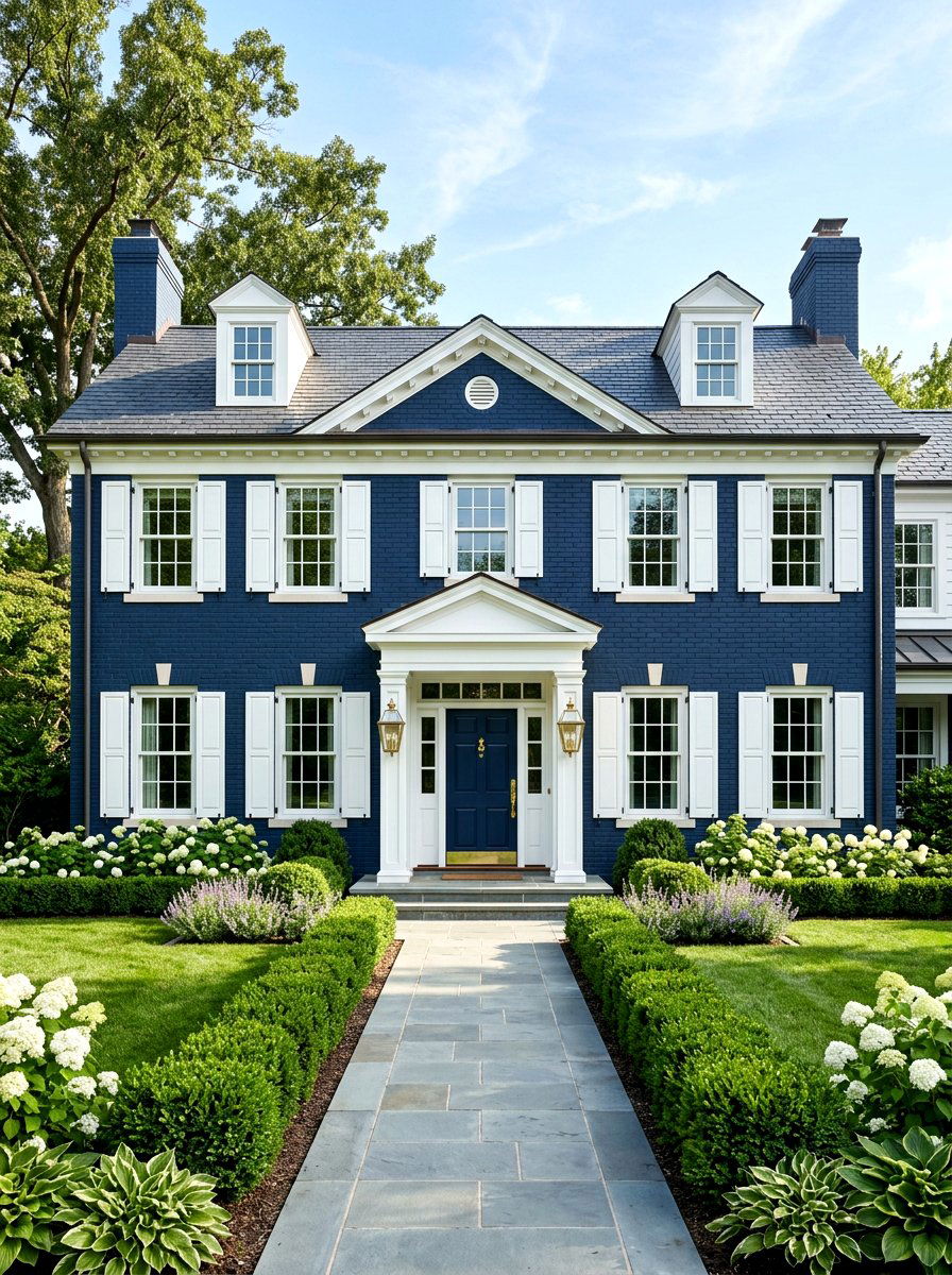 Navy blue painted brick exterior - 30 painted brick house ideas