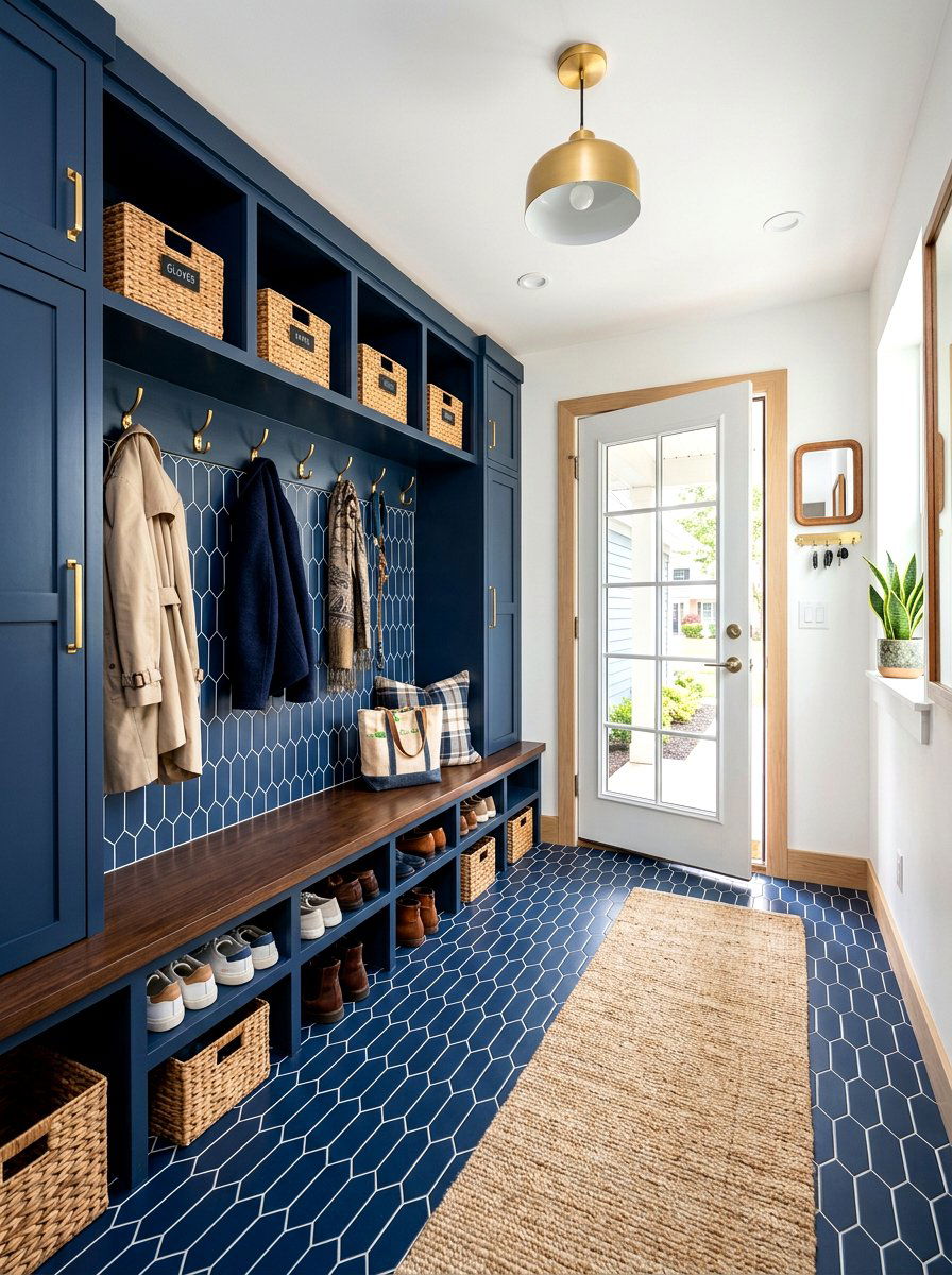 Navy blue picket tile - 30 patterned mudroom tile ideas