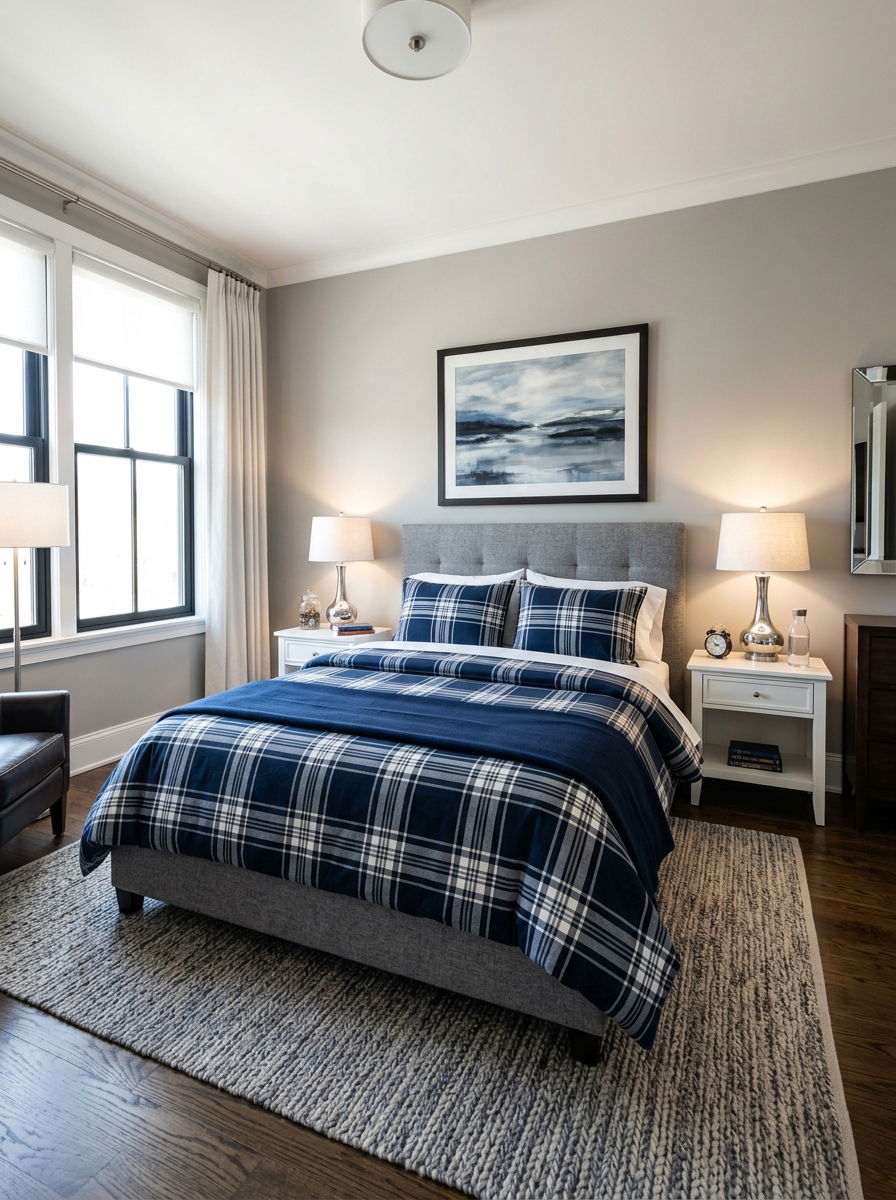 Navy blue plaid duvet - 30 plaid bedroom ideas