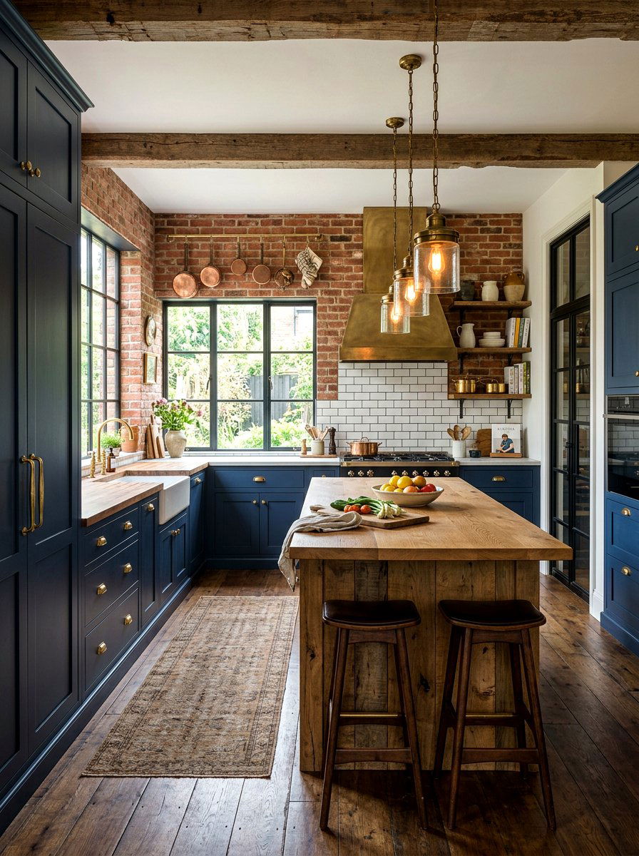 Navy blue rustic kitchen with brass - 30 navy and brass kitchen ideas