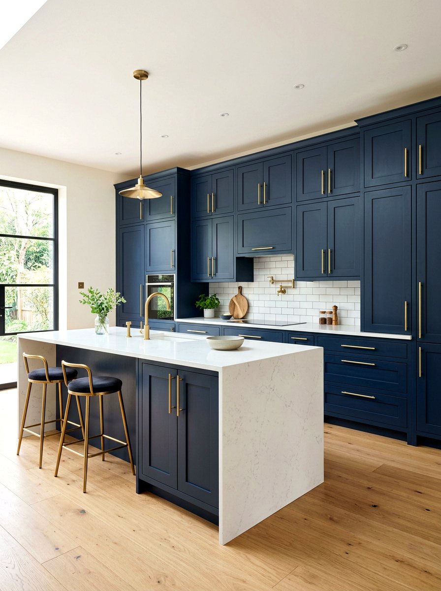 Navy blue shaker cabinets with brass pulls - 30 navy and brass kitchen ideas