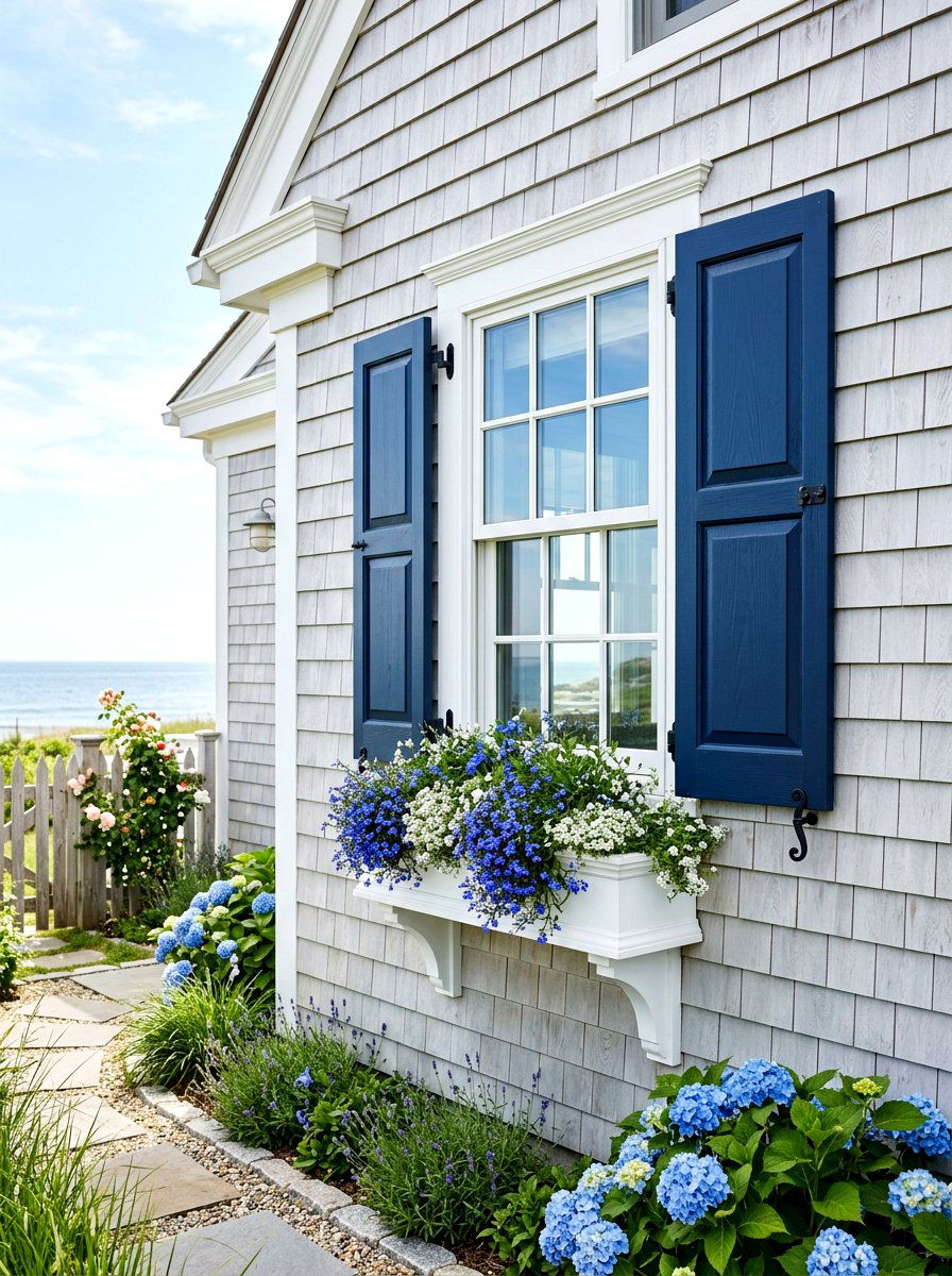 Navy blue shutters - 30 shutters and flower box ideas