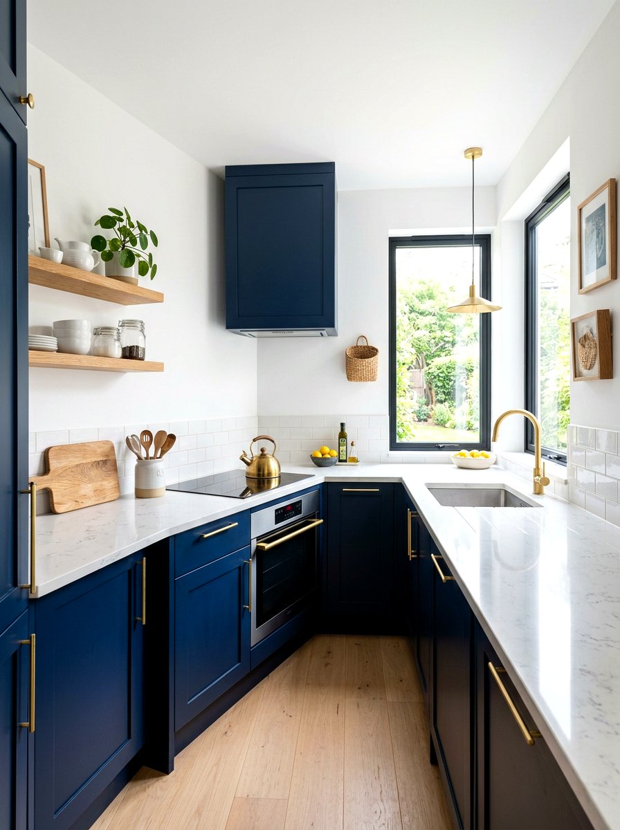 Navy blue small kitchen with brass accents - 30 navy and brass kitchen ideas