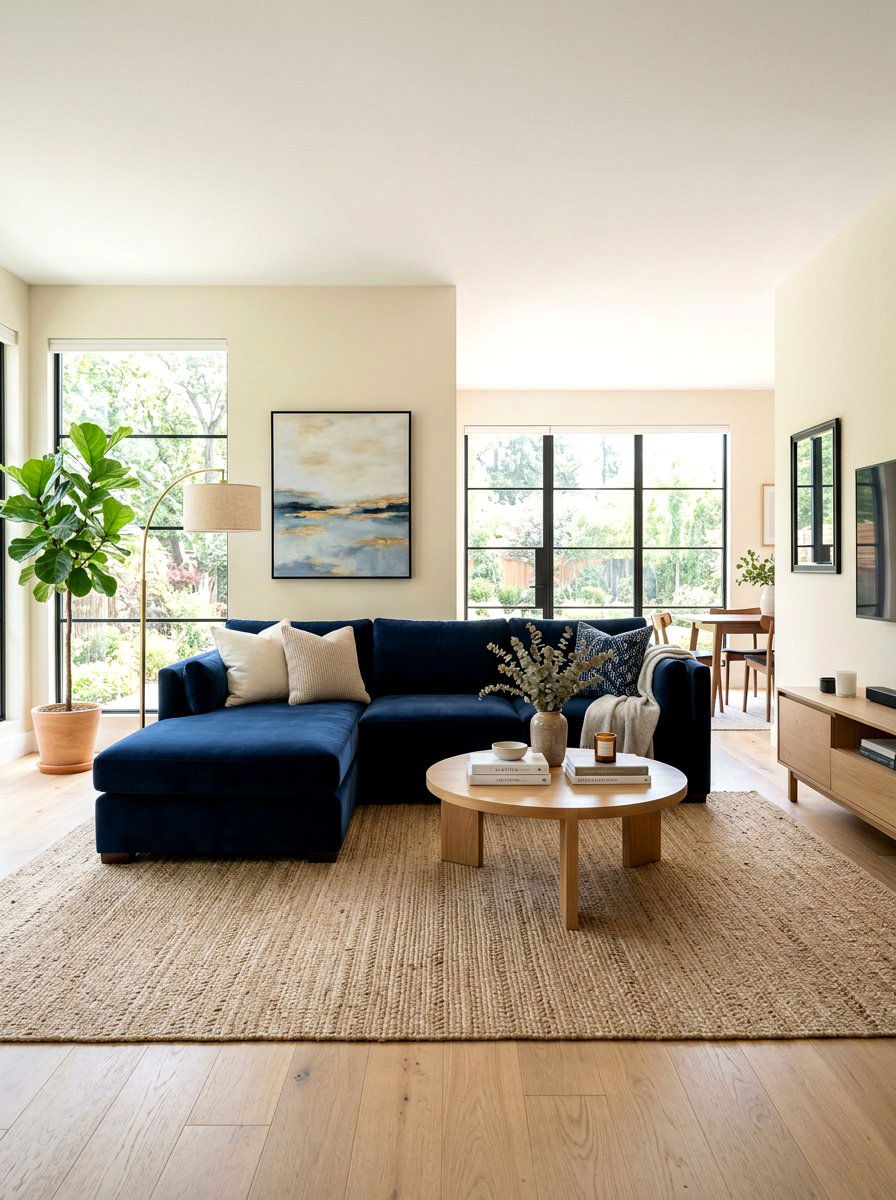 Navy blue sofa beige walls - 30 blue and beige living room ideas