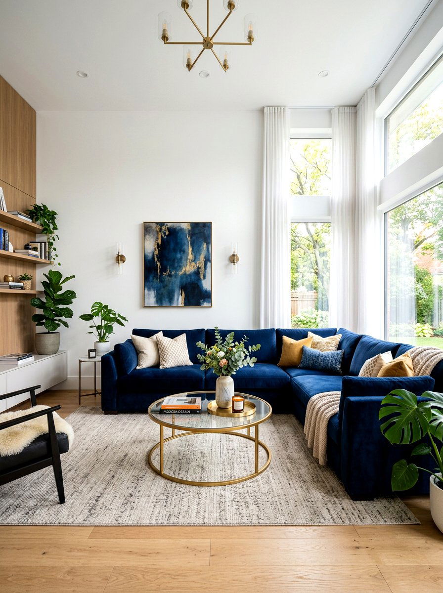 Navy blue sofa - 30 blue and white living room decor ideas