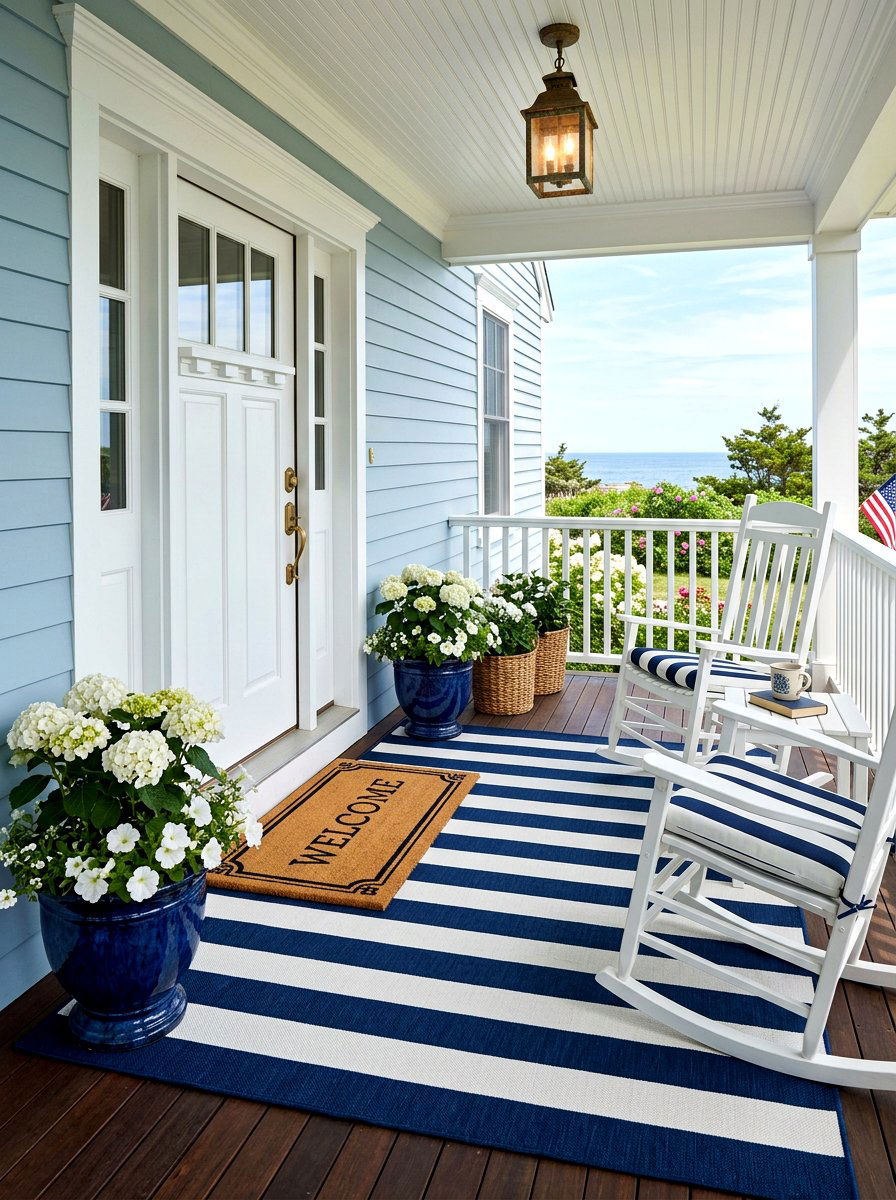 Navy blue striped outdoor rug - 30 porch doormat layering ideas