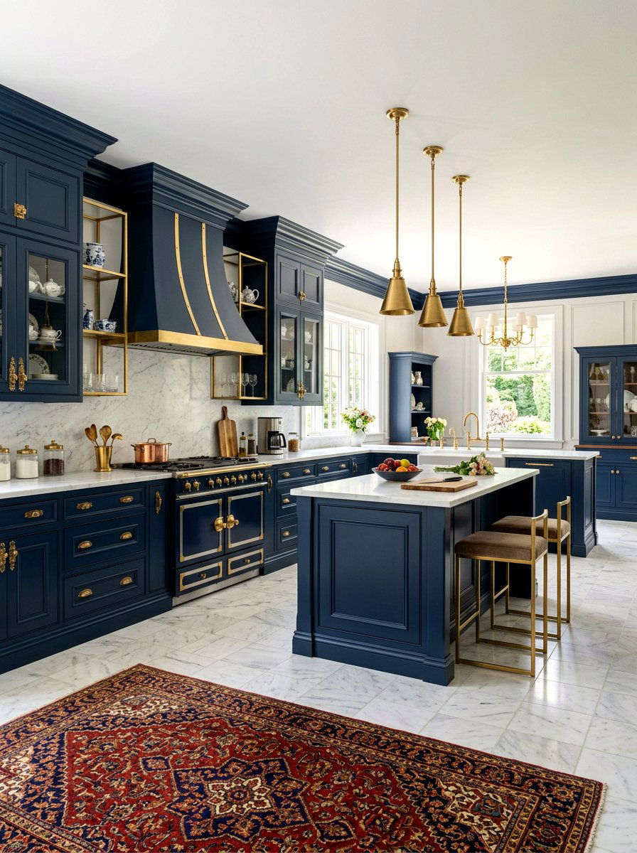 Navy blue traditional kitchen with brass accents - 30 navy and brass kitchen ideas