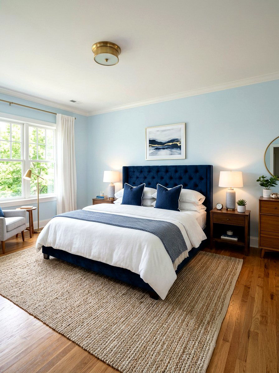 Navy blue upholstered headboard - 30 inky blue bedroom decor ideas