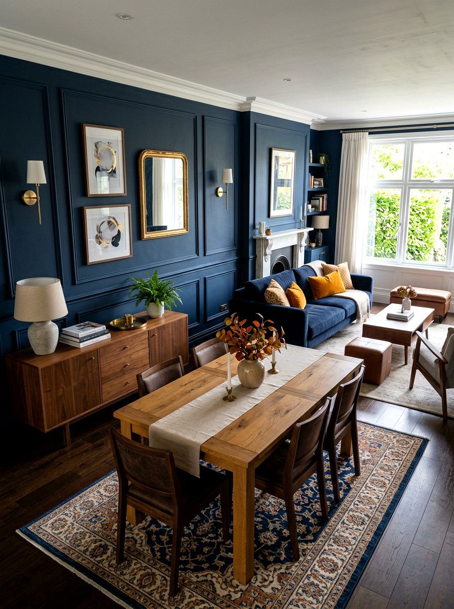 Navy blue wall living room - 30 moody fall living room ideas