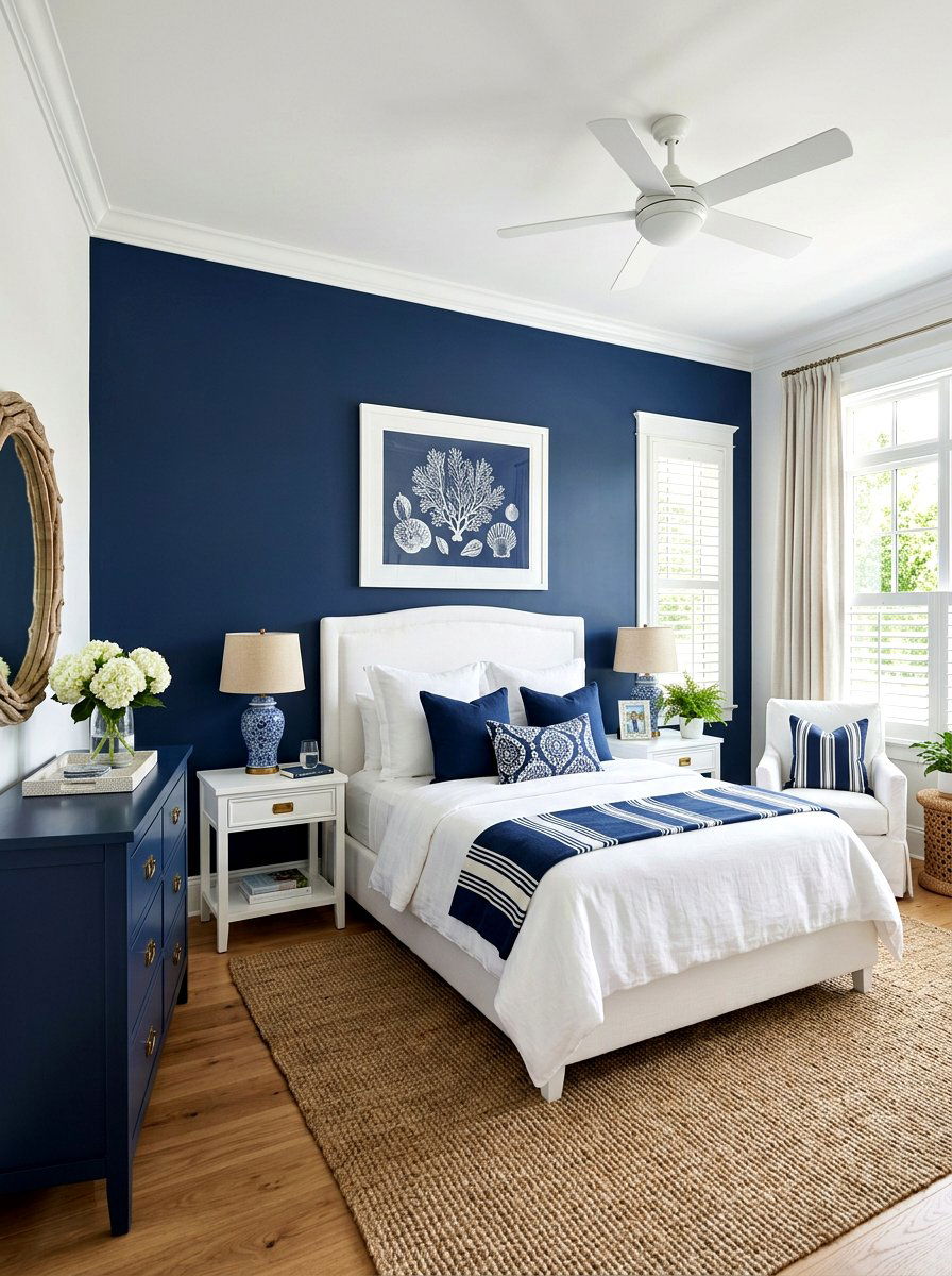 Navy blue white bedroom - 30 coastal prep bedroom ideas