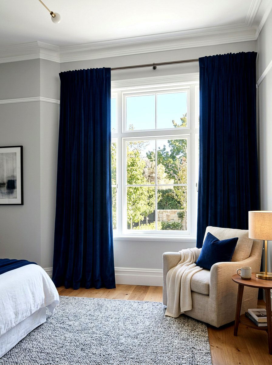 Navy blue window treatments - 30 inky blue bedroom decor ideas