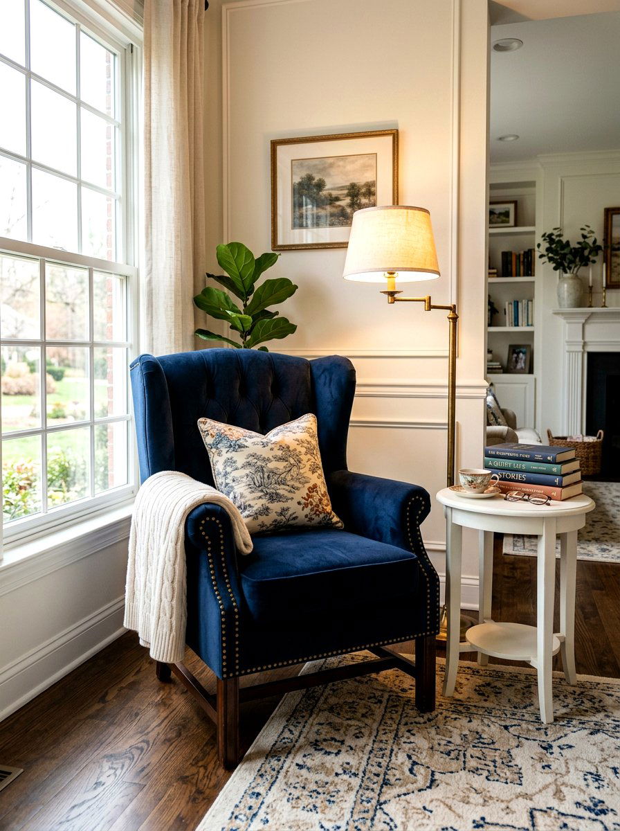 Navy blue wingback chair - 30 blue and white living room decor ideas