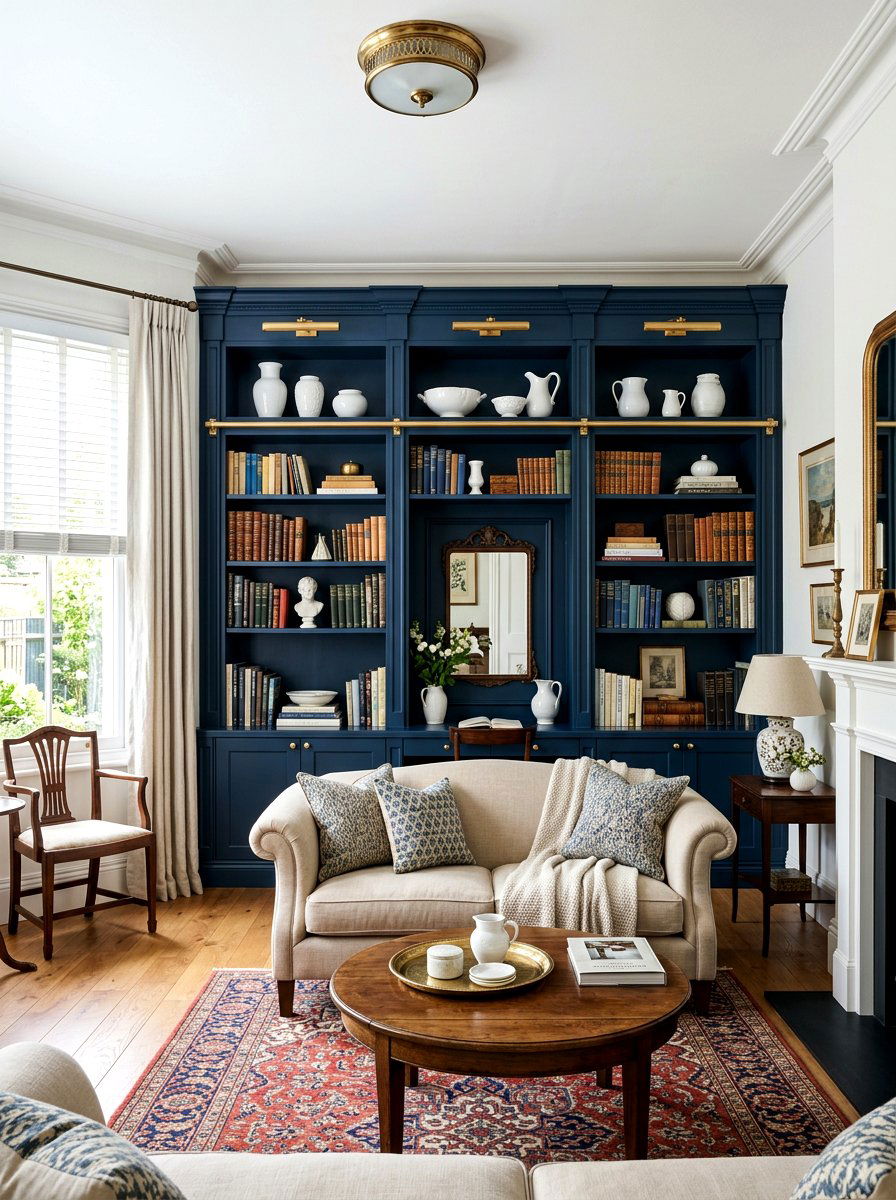 Navy built in cabinets - 30 blue and white living room decor ideas