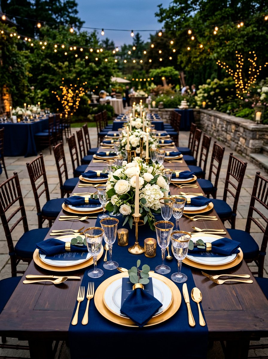 Navy gold outdoor dinner - 30 summer patio tablescape ideas