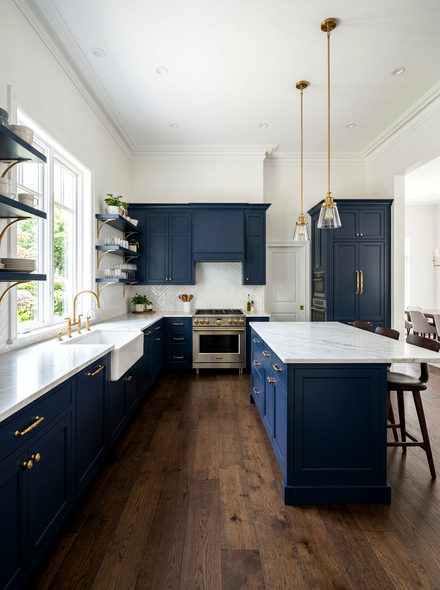 Navy kitchen cabinets with brass hardware - 30 navy and brass kitchen ideas