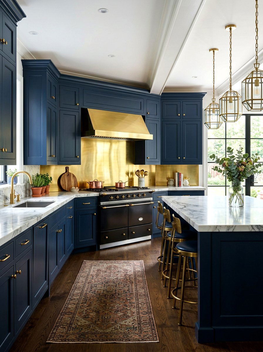 Navy kitchen with brass backsplash - 30 navy and brass kitchen ideas