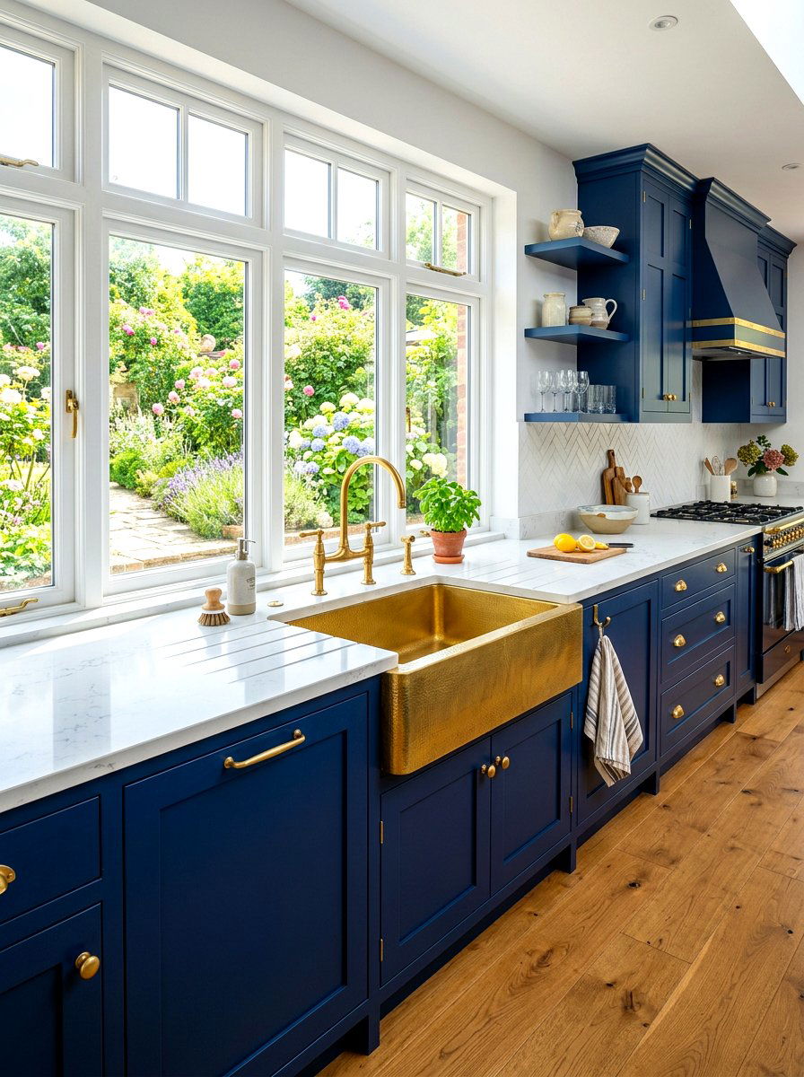 Navy kitchen with brass faucet and sink - 30 navy and brass kitchen ideas