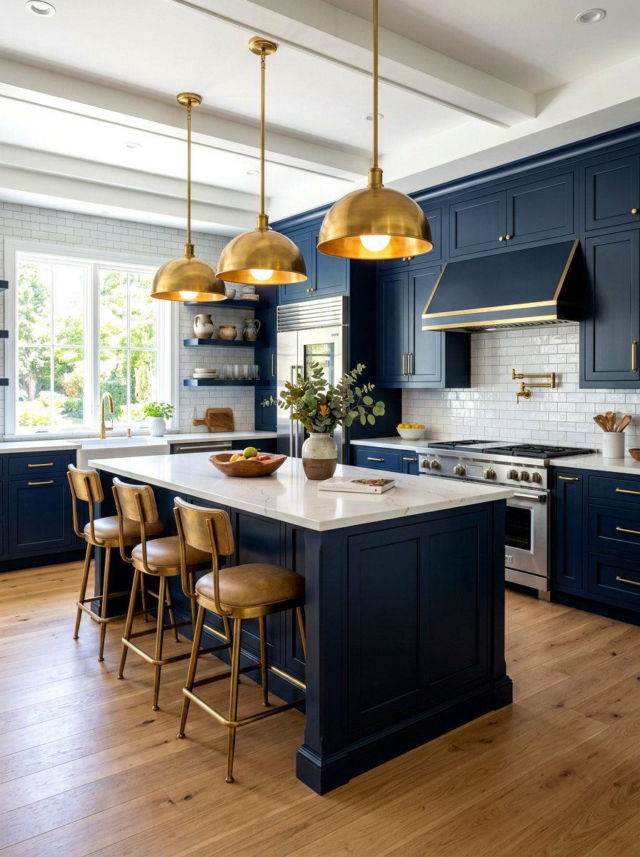 Navy kitchen with brass pendant lights - 30 navy and brass kitchen ideas