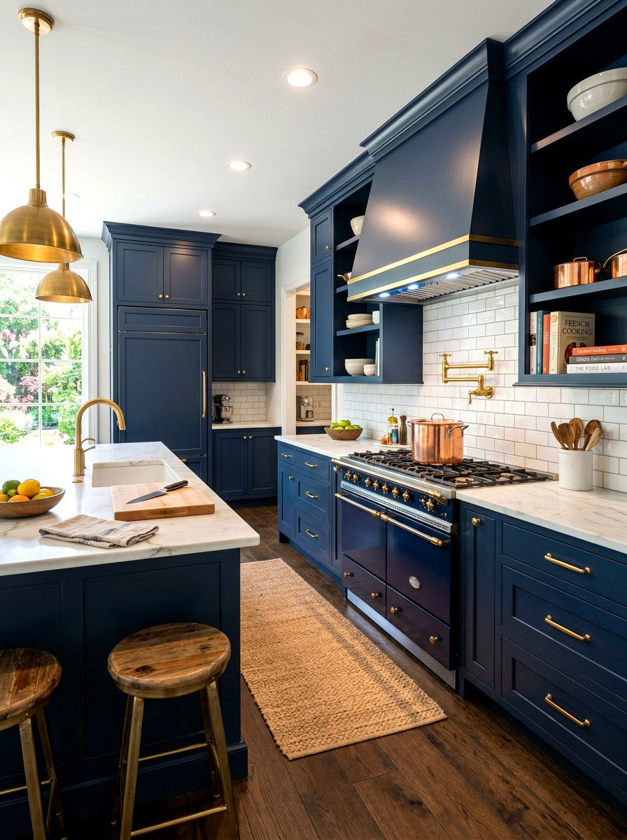 Navy kitchen with brass pot filler - 30 navy and brass kitchen ideas
