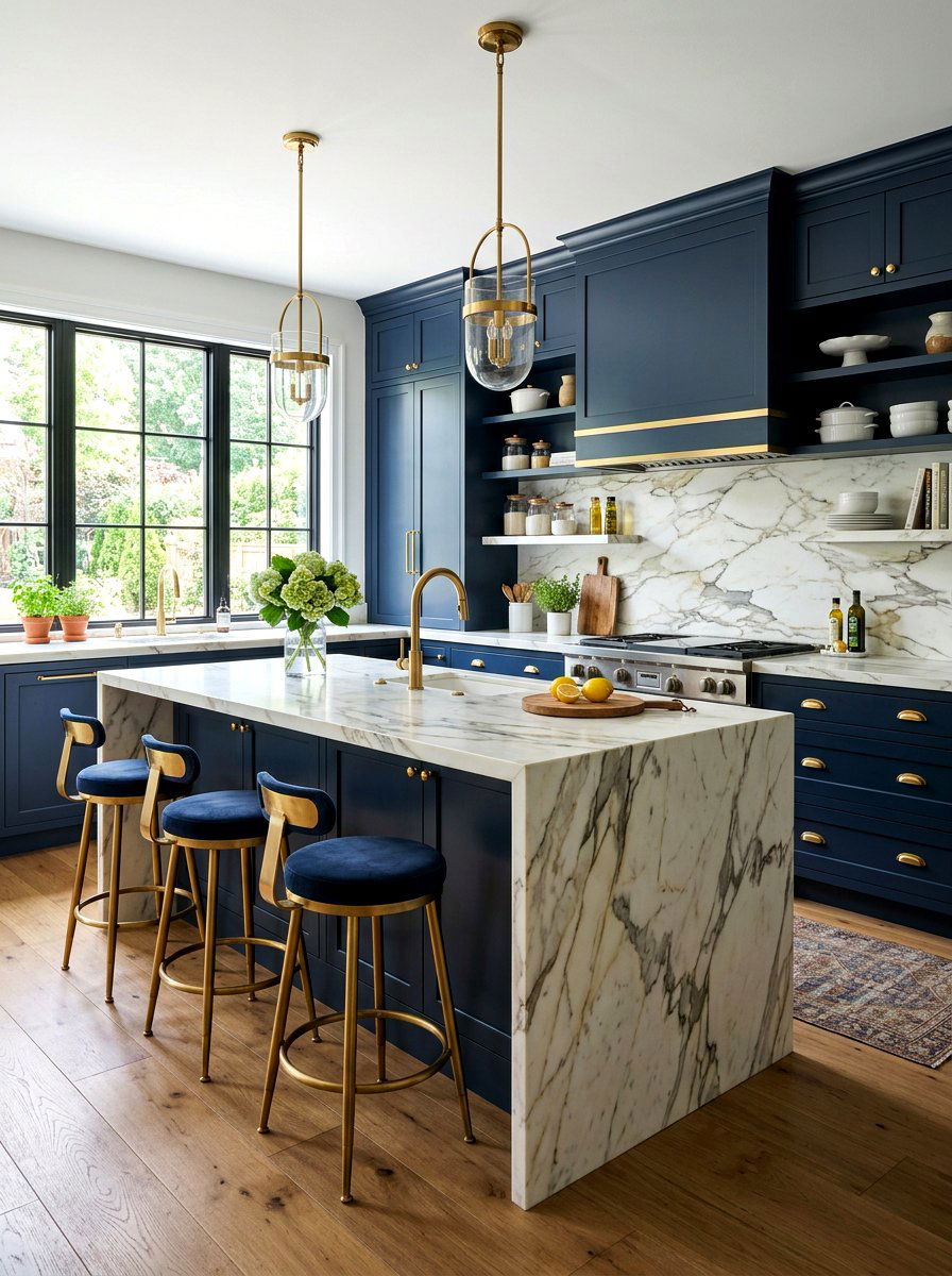 Navy kitchen with marble countertops and brass accents - 30 navy and brass kitchen ideas