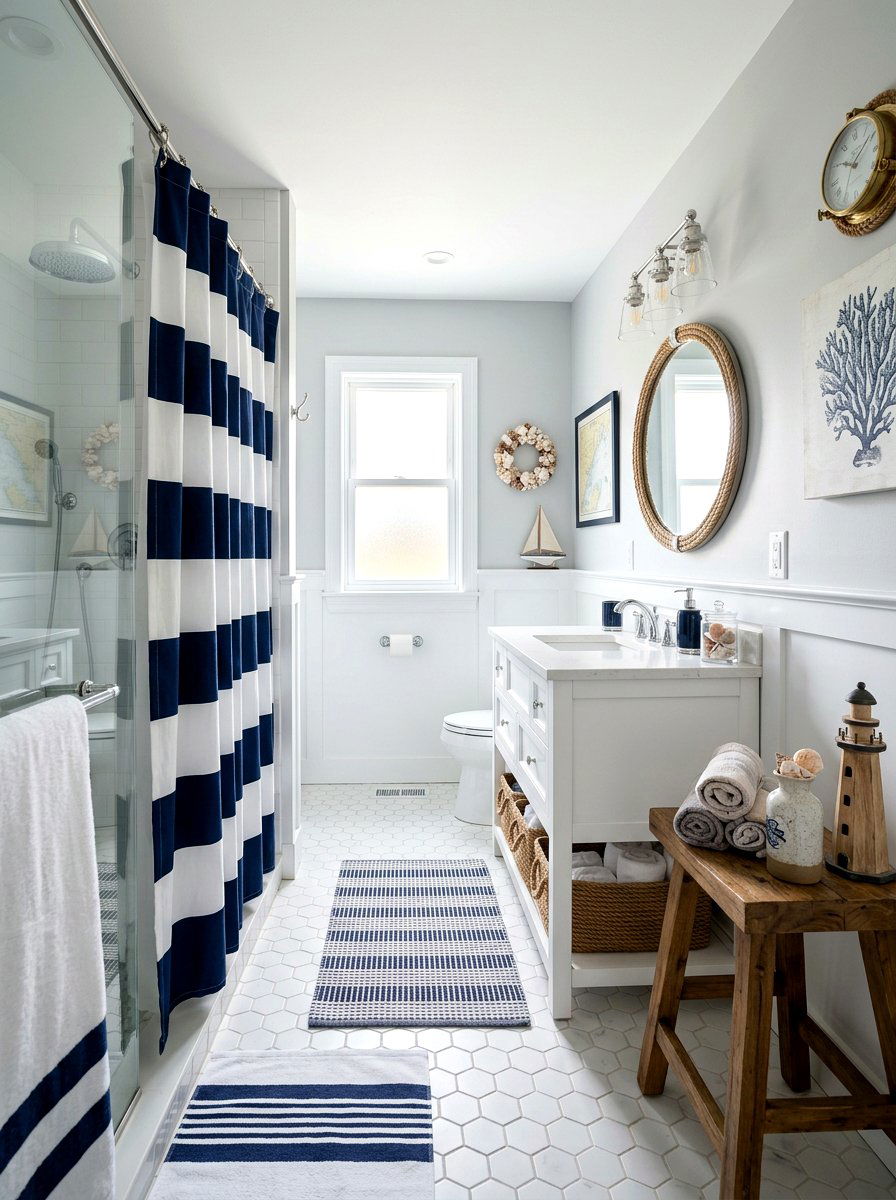 Navy nautical shower curtain - 30 shower curtain bathroom ideas