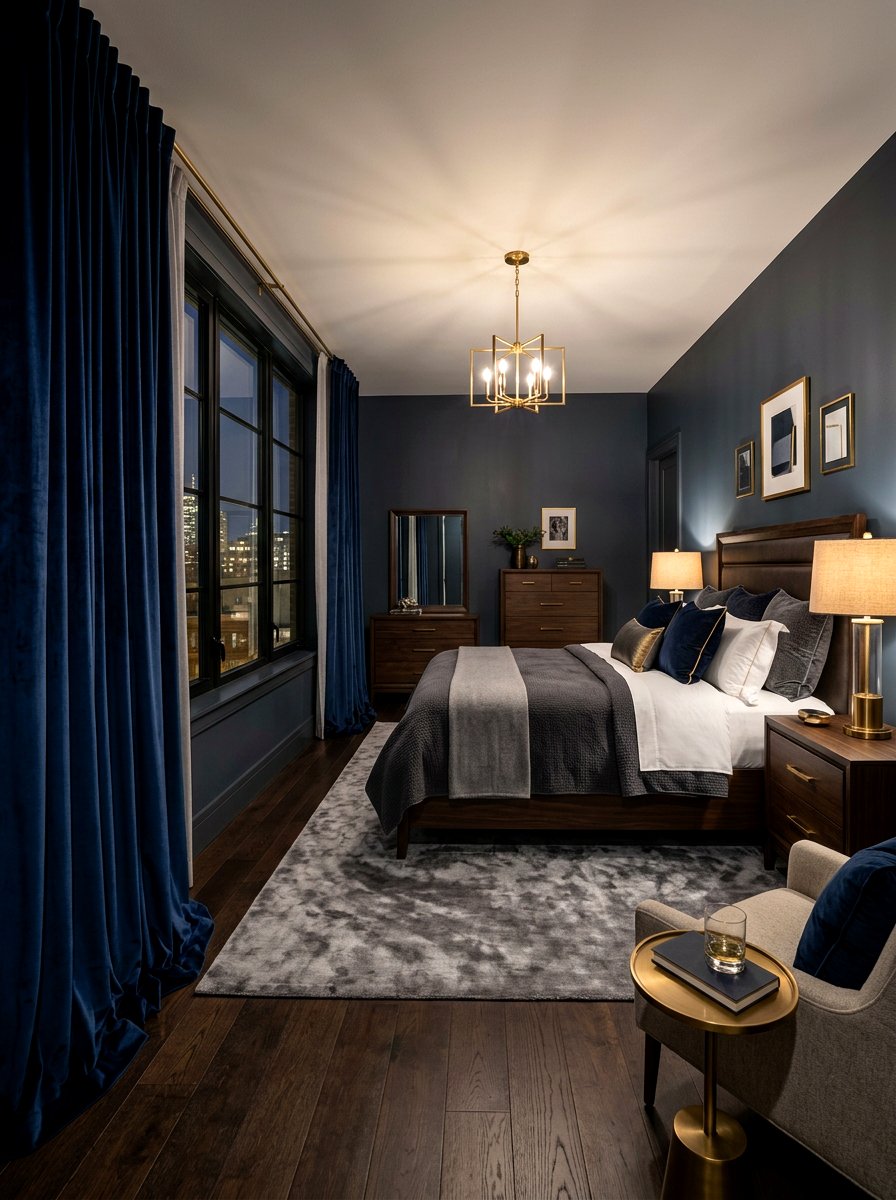 Navy velvet puddled curtains - 30 puddled curtains bedroom ideas