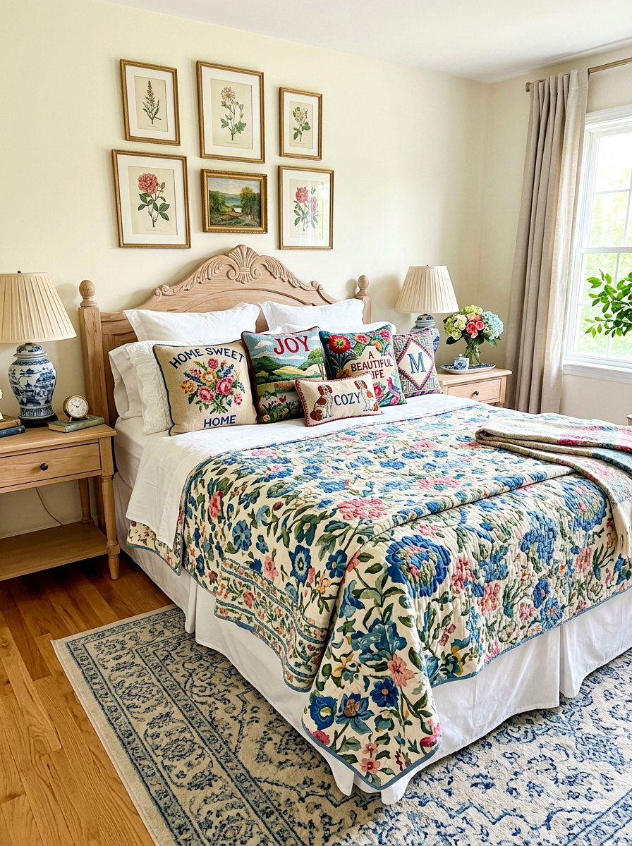 Needlepoint Pillow Bedroom Decor - 30 grandmillennial bedroom ideas
