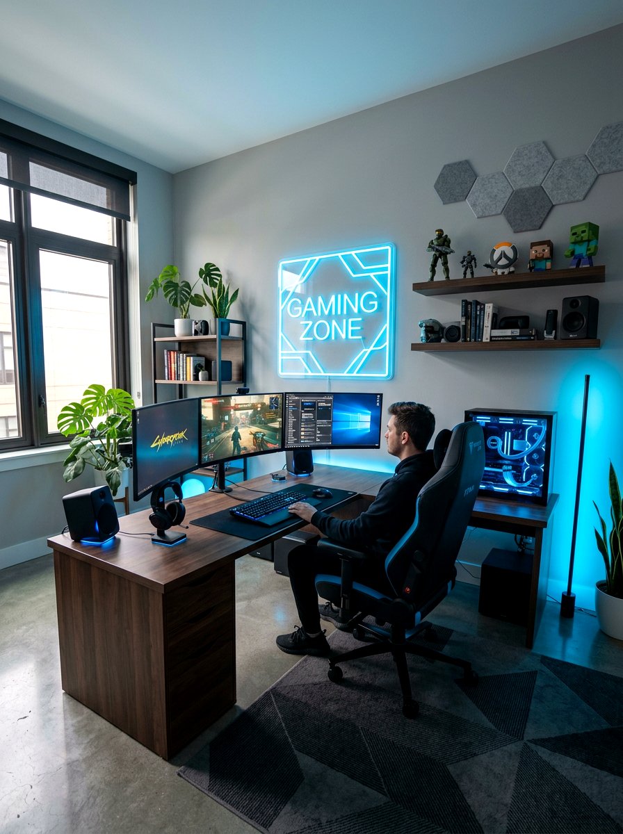 Neon And Neutral Gaming Room - 30 color blocked room ideas